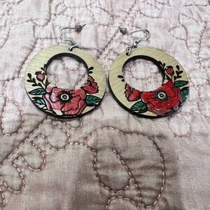 Boho Flowery Wooden Hoop Earrings